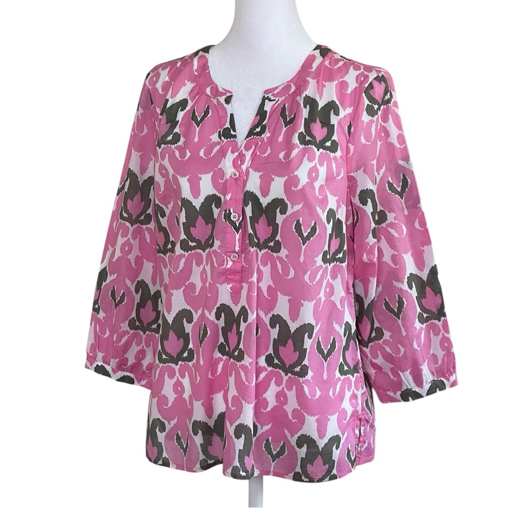 Talbots Petite Pink Gray White Ikat Lightweight Cotton Popover Top Sz Sp Tunic